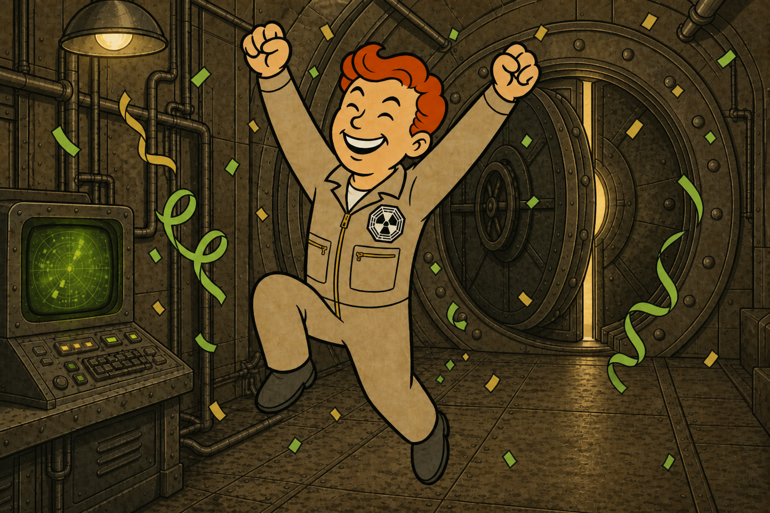 RAD in a khaki hatch suit, jumping with both fists up at the open hatch